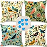 Cirzone Outdoor Kissenbezüge 4 Stück 45 x 45 cm Dekorative Outdoor Kissen Wasserfest Frühlingsblumen und Vögel Grafik Kissenbezüge Werden für Sofakissen Garten Outdoor