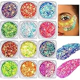 Festival Glitzer Gesicht, 12 Stück Body Glitter Gel Chunky Sequin Face Body Glitter Festival Zubehör Accessoires Gadget, Haar Glitzer Festival Gesichtsglitzer Halloween Schminke Karneval Körperglitzer