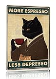 Metallschild, Vintage-Stil, schwarze Katze, Kaffee, Poster, Poster, 'More Espresso Less Depresso', 20,3 x 30,5 cm