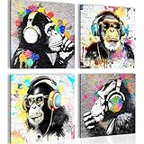 Novart Bilder - KEIN EXTRA RAHMEN BENÖTIGT - Wohnzimmer Schlafzimmer Loft - Bilder Modern Banksy Collage - Grau Bunt - N034543a