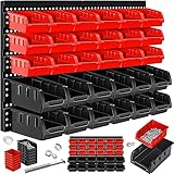 MASKO® Stapelboxen + Wandregal 32-teiliges Set Box Sichtlagerkästen Schüttenregal Steckregal, Hängeregal, Sortimentskasten, Kleinteilemagazin, Werkstatt-Regal, Schwarz/Rot