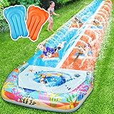 Doppelwasserrutsche mit 2 Bodyboards, extra lange Rasenwasserrutschen für Kinder und Erwachsene, strapazierfähig, riesiges Outdoor-Wasserrutschspielzeug mit Crash-Pad für Garten-Sommer-Party