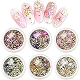 EBANKU 6 Boxes Nagel Kunst Strass, 3D Nagel Kristalle Nagel Kunst Strass Mix Größe Nagel Perlen Glitter Strass Stein Gold Metall Ohrstecker Unregelmäßige 3D Nagel Dekoration