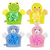 JIIENO 4 Stücke Waschlappen Baumwolle mit Tiermotiv, Cartoon Waschlappen Frottee für Kinder, Doppeltem Verwendungszweck Waschhandschuh, Waschlappen Kinder, für Kinderduschen (22×23 cm)