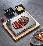 Hot Stone Steak Heiße Steinplatte Heißer Stein Grill Lavastein Steinplatte Lavastone Beefstone Bambus Holzbrett Beilageschälchen 3 Dipschalen Saucen-Schälchen, Braun, Grau, Schwarz