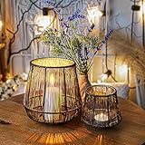 ZEYA Windlicht schwarz Gold Metall 2er Set, 15 + 9 cm hoch, Windlicht Boho, Trendige Teelichthalter Draht, Moderne Laterne Tischdeko, Kerzenhalter Deko Wohnzimmer, Präsent zu Ostern
