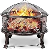 Feuerschalen, Feuerschale mit Funkenschutz, Feuerschale Garten Ø71x65cm, inkl. Poker & Kohlerost, Feuerkorb Retro-Look, Feuerstelle für Garten Camping Strand - Blumen Grasmuster