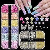 Fcozpjk 3D Blumennägel, Acrylblume, Pastellrosa, 3D, für Nägel, goldene Kaviarperlen, Nageldekoration, gemischte Strasssteine, Kristallsteine in AB Farbe, Diama
