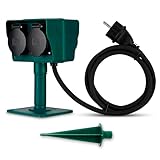 REV Gartensteckdose mit Erdspieß - 4-fach Außensteckdose, IP44 Spritzwasserschutz, 1,4m Gummikabel, inkl. Bodenplatte für flexible Montage, grün
